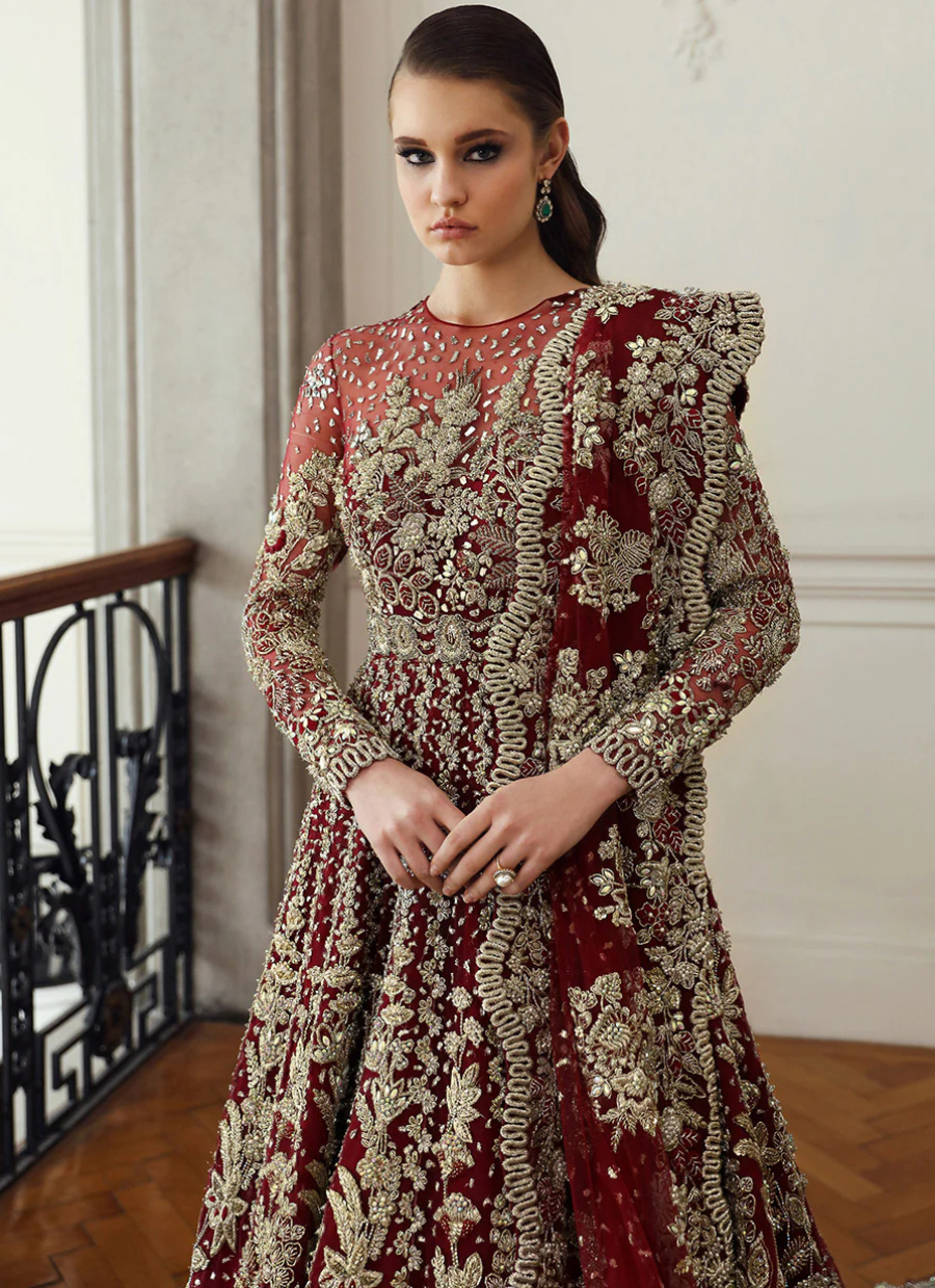 19 Regal Red Bridal Gown with Intricate Golden Embroidery
