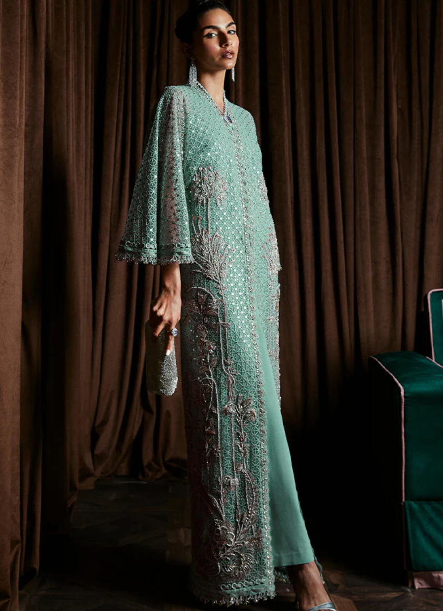 18 Mint Green Long Kaftan with Intricate Embroidery