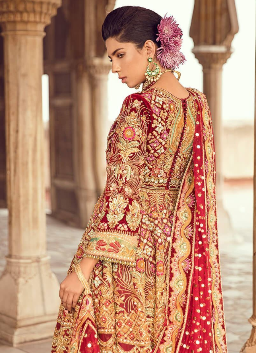 18 Jahanara Maroon & Gold Bridal Ensemble
