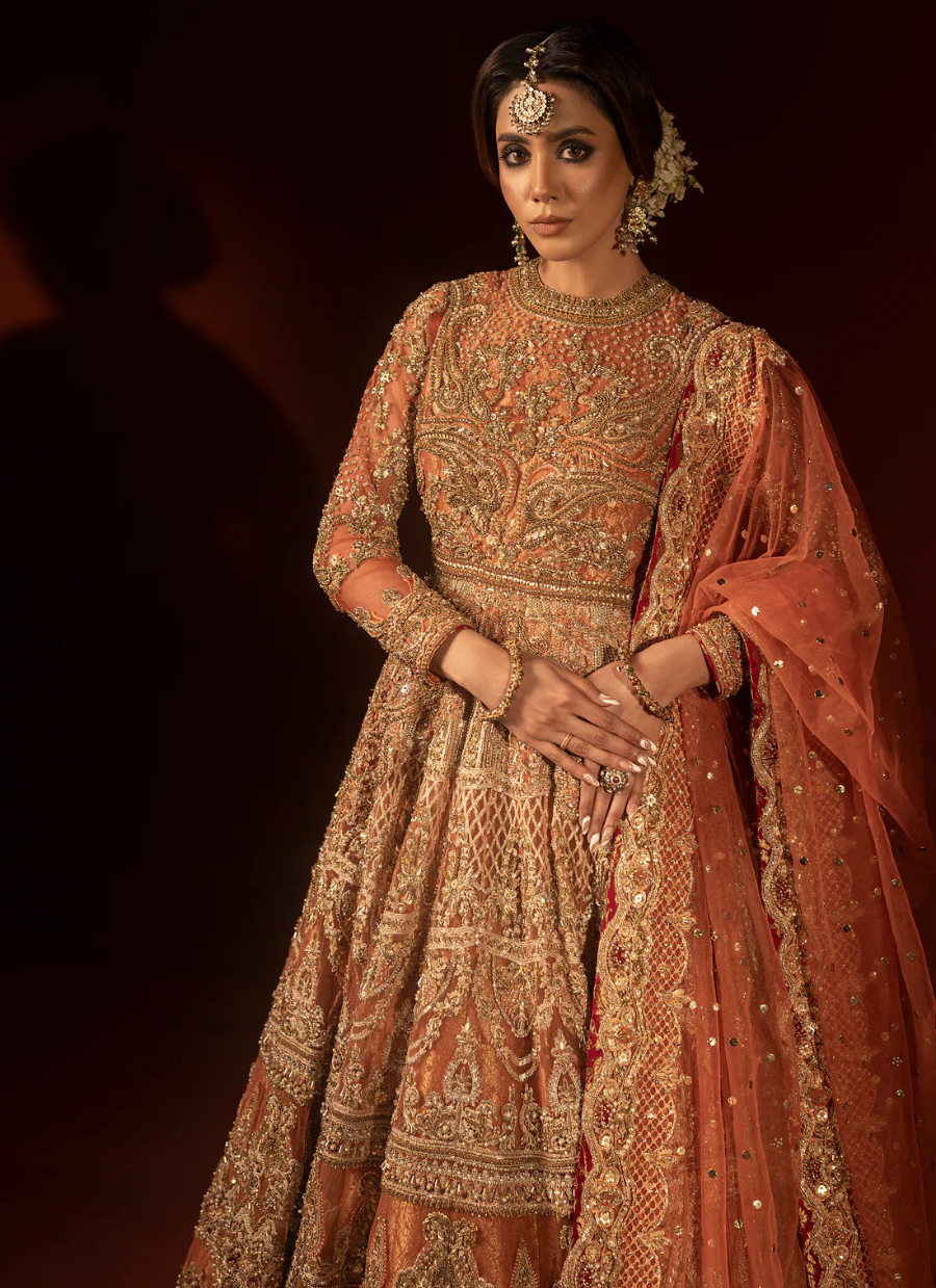19 Rust Orange Bridal Pishwas with Jamawar Lehenga