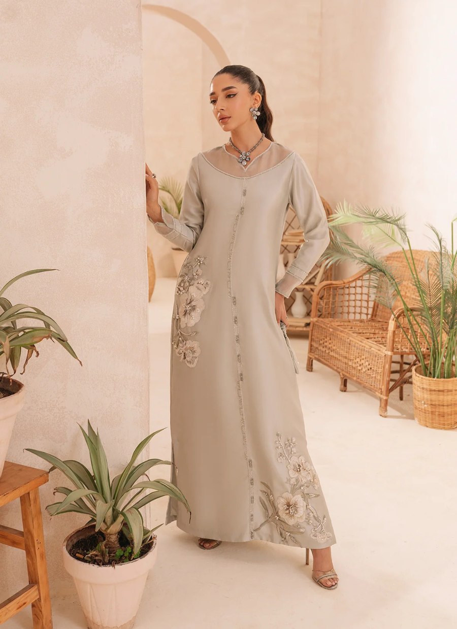 22 Pastel Grey Long Maxi with Subtle Floral Embroidery