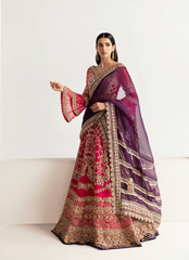 16 Hot Pink Embroidered Lehenga with Flared Sleeves and Contrasting Purple Dupatta