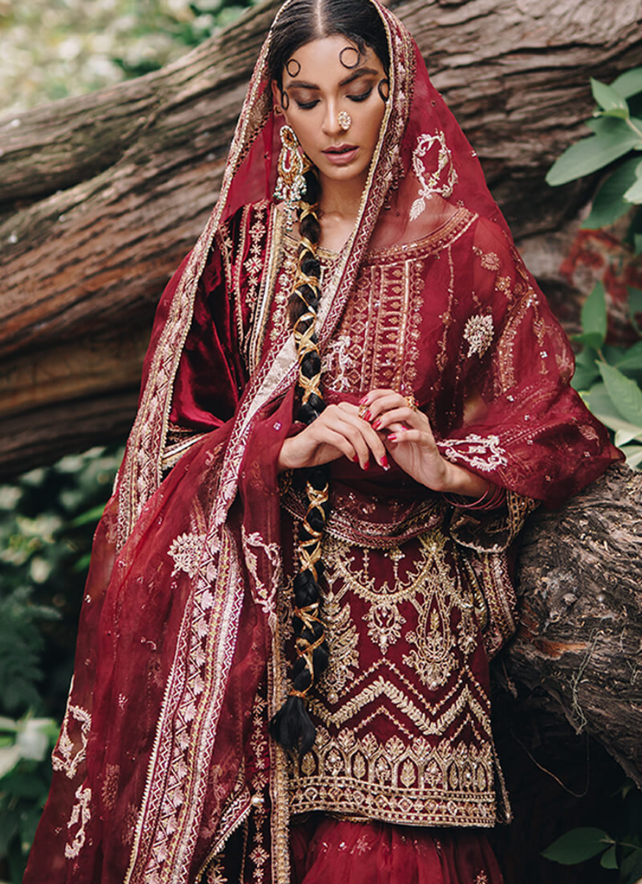 16 Deep Maroon Bridal Lehenga with Golden Hand Embroidery