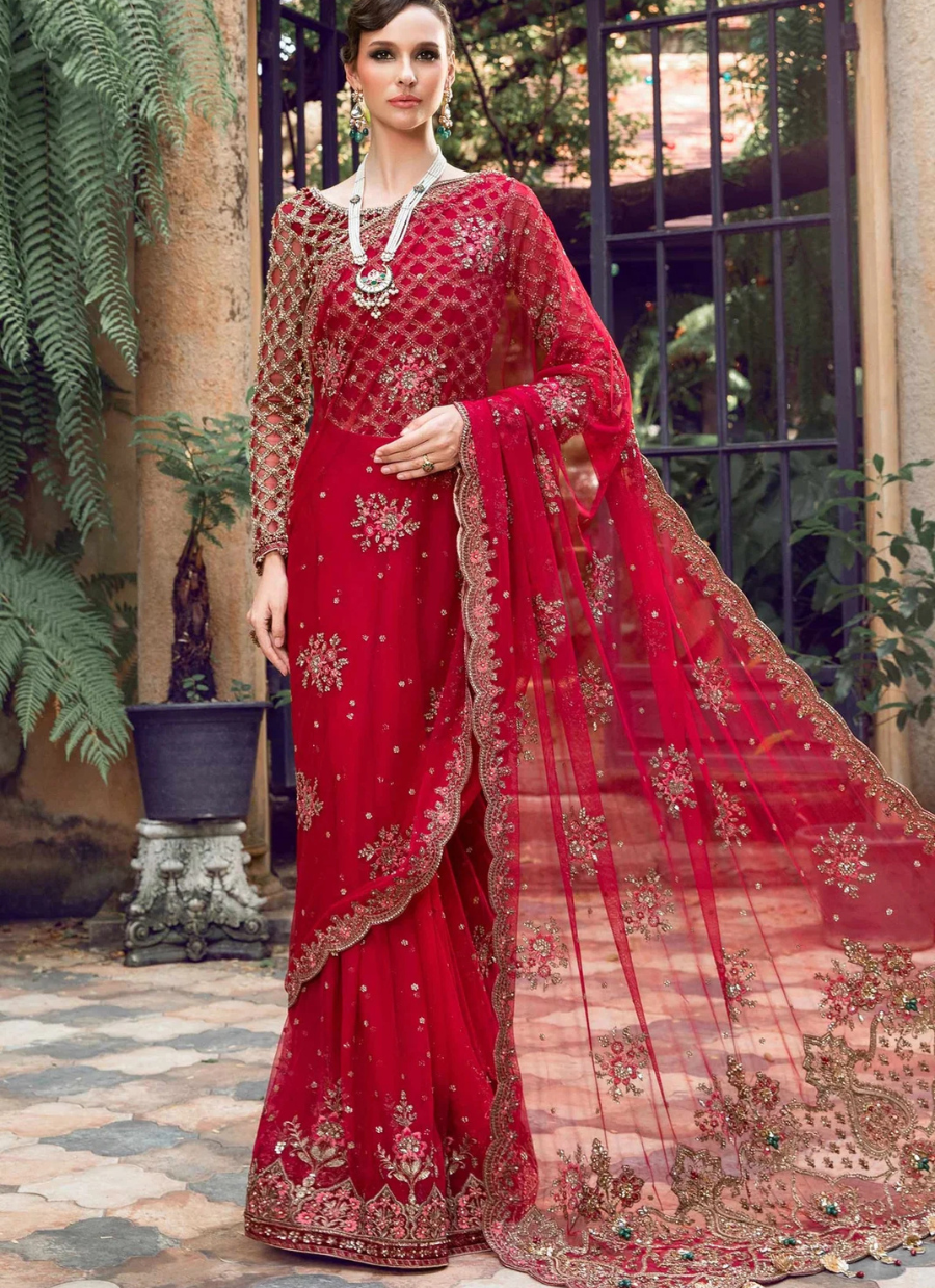 19 Red Net Embroidered Bridal Saree