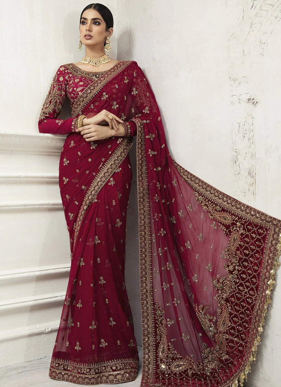 19 Deep Maroon Embroidered Bridal Saree