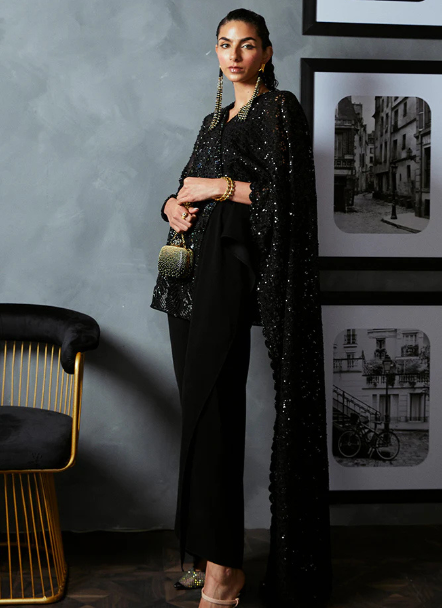 18 Black Sequin Cape Gown Ensemble