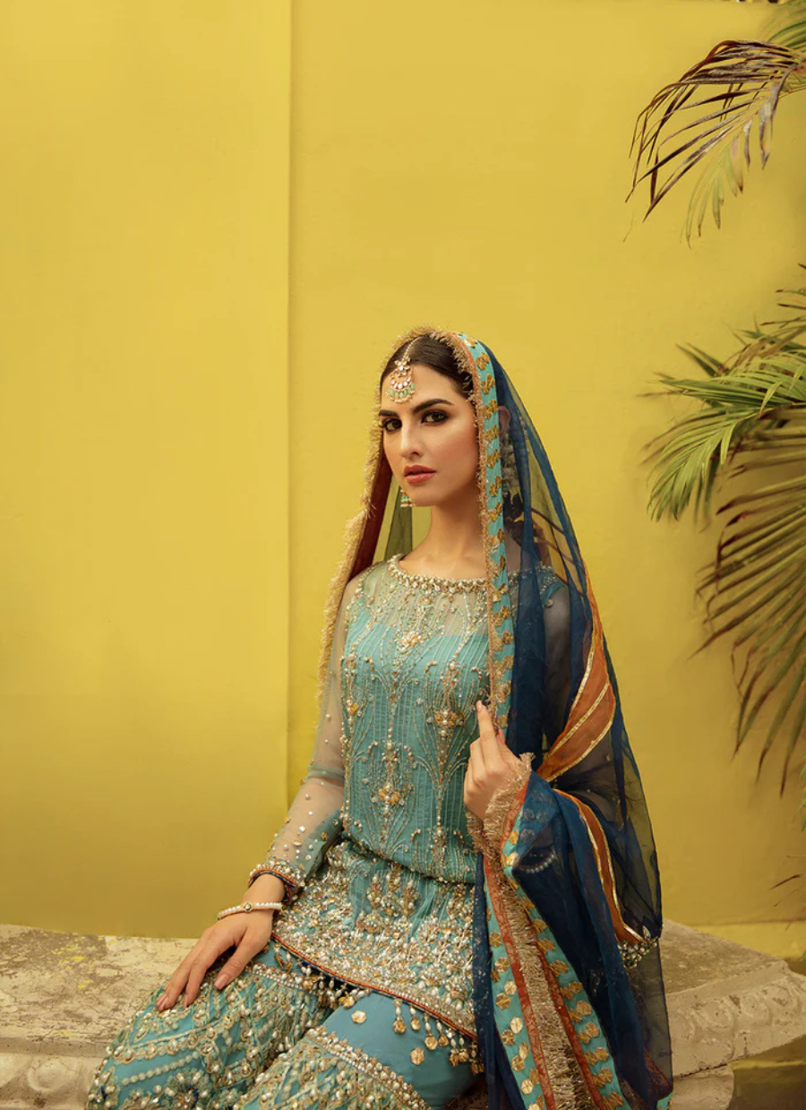 16 Teal Blue Embroidered Gharara Set with Contrasting Navy Dupatta