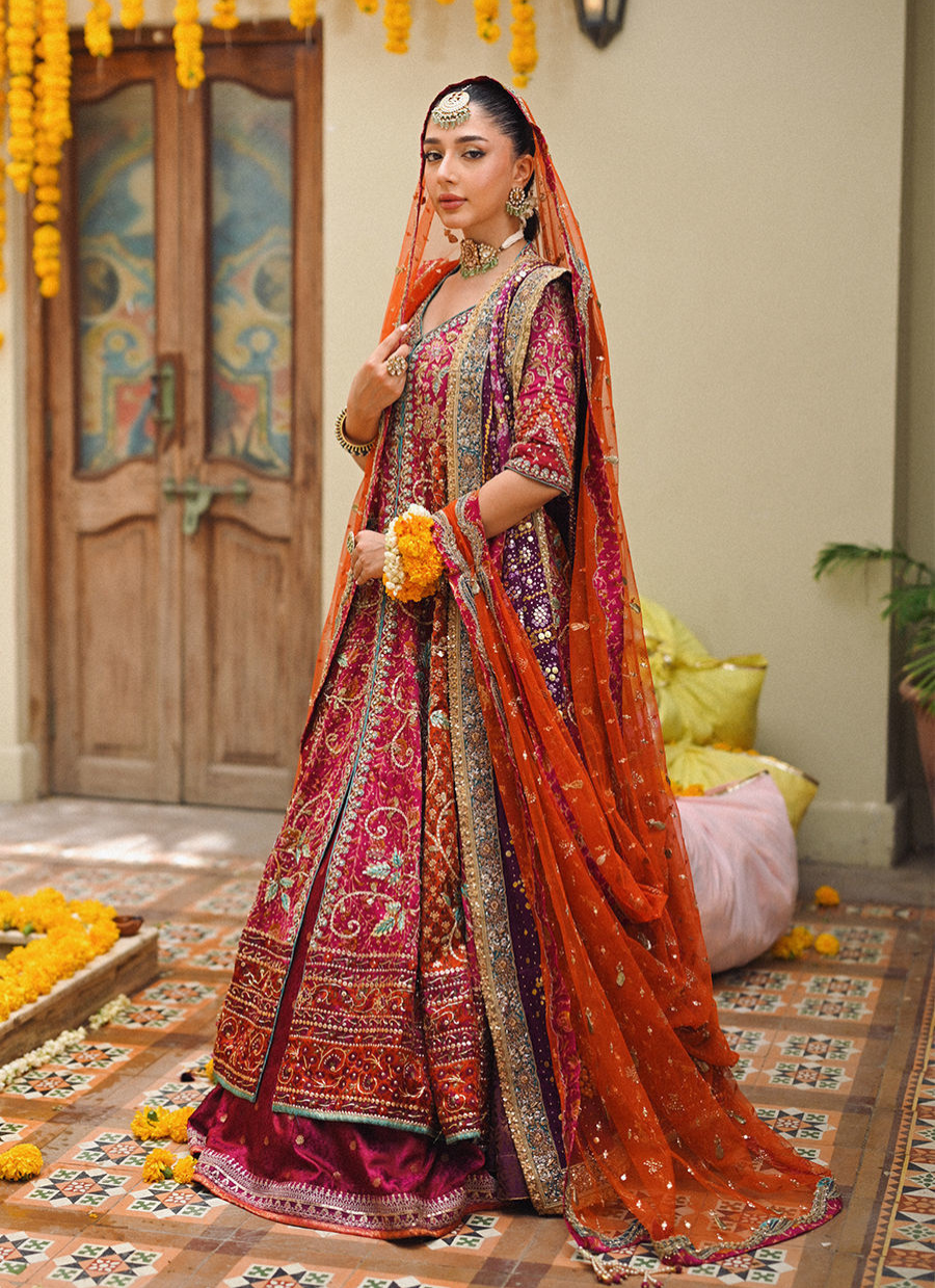 16 Magenta Kalidaar Bridal Ensemble with Orange Dupatta