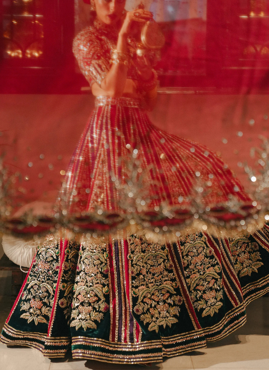 Velvet Elegance – Red & Green Lehnga with Raw Silk Choli
