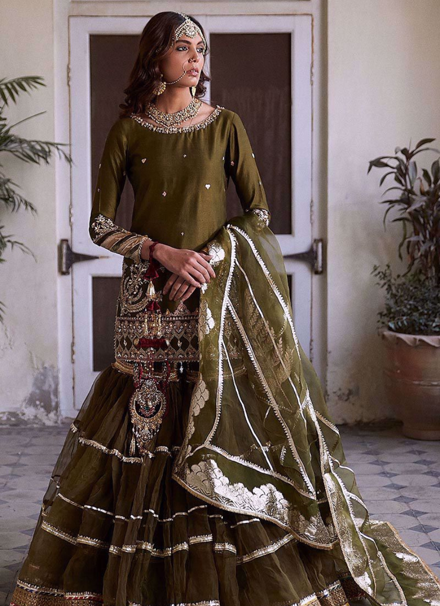 16 Olive Green Traditional Bridal Lehenga with Intricate Embroidery
