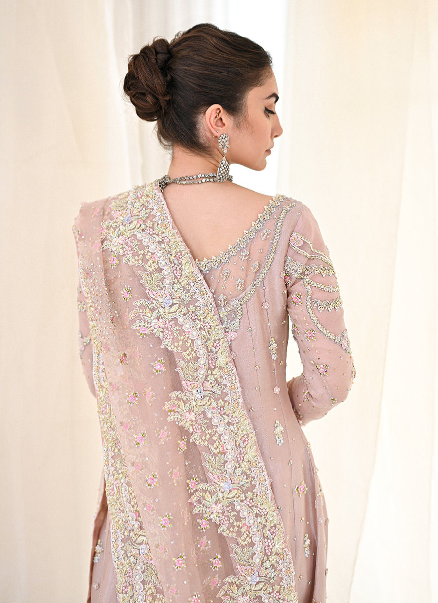 16 Blush Pink Kalidaar Bridal Ensemble with Intricate Embellishments