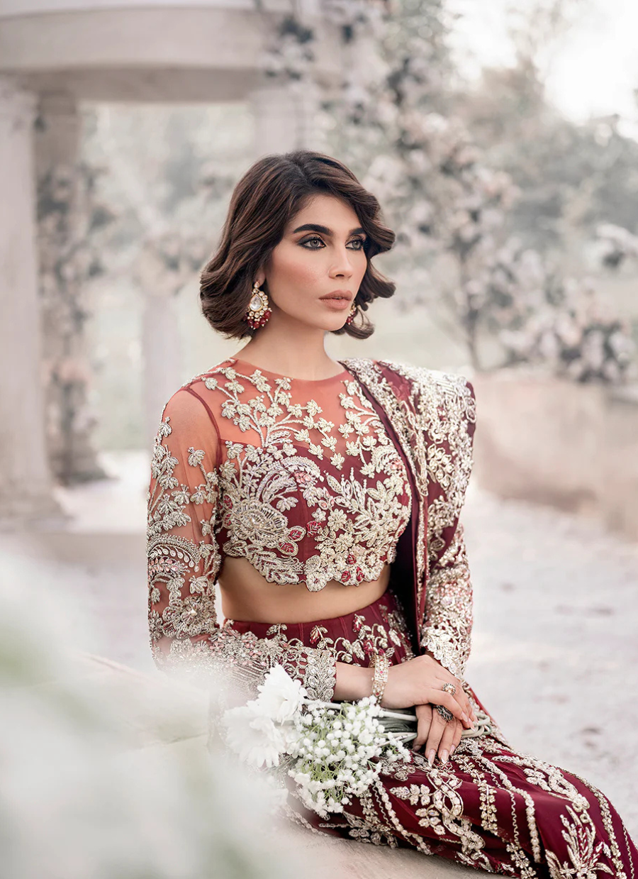 19 Maroon Bridal Lehenga with Golden Embroidered Floral Motifs