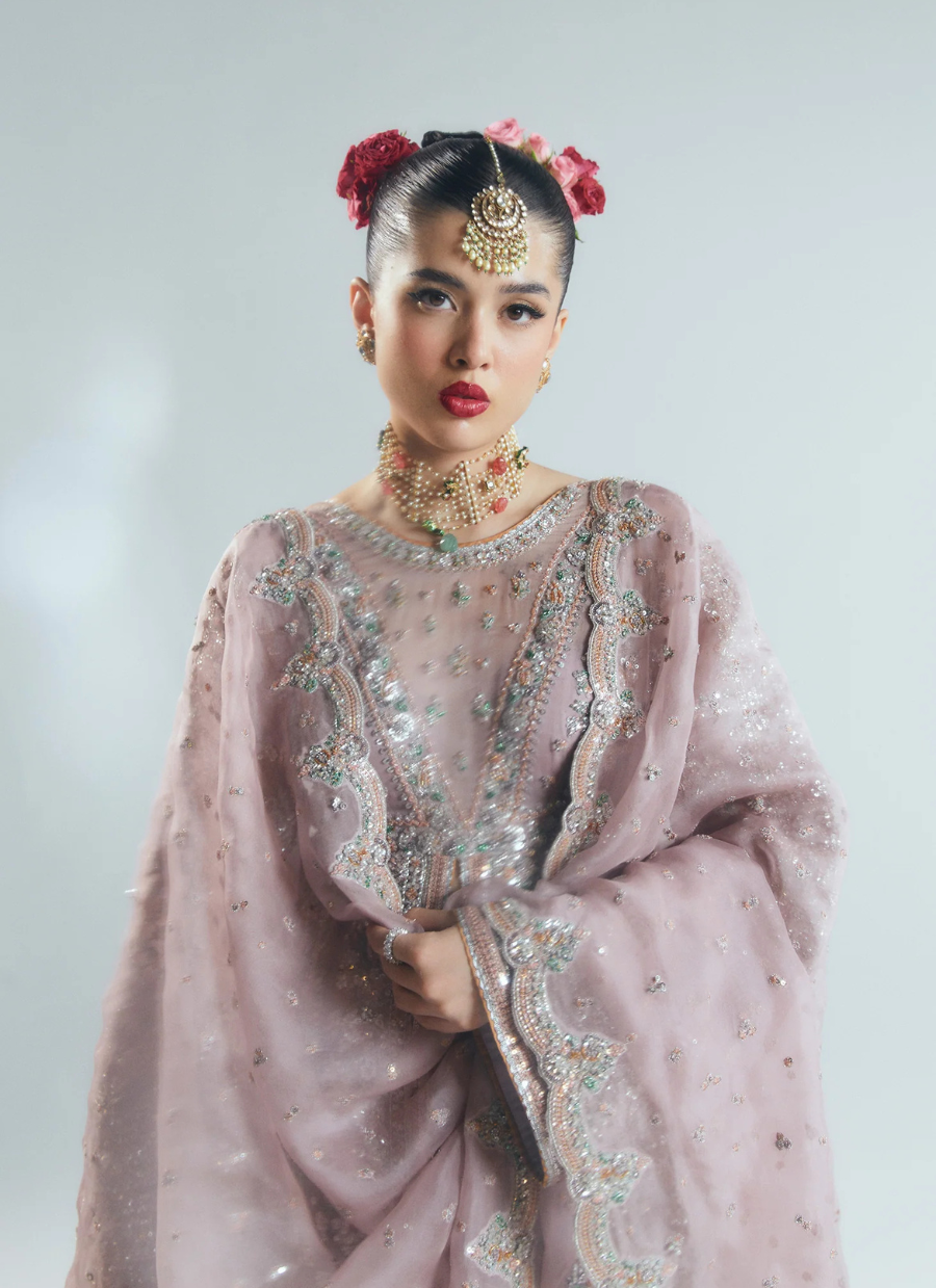 16 Dusty Rose Heavily Embellished Kalidaar with Flared Sleeves