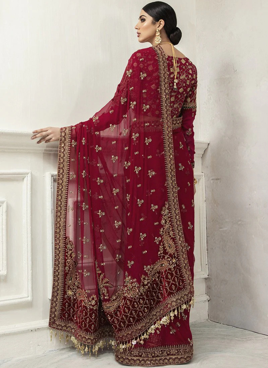 19 Deep Maroon Embroidered Bridal Saree