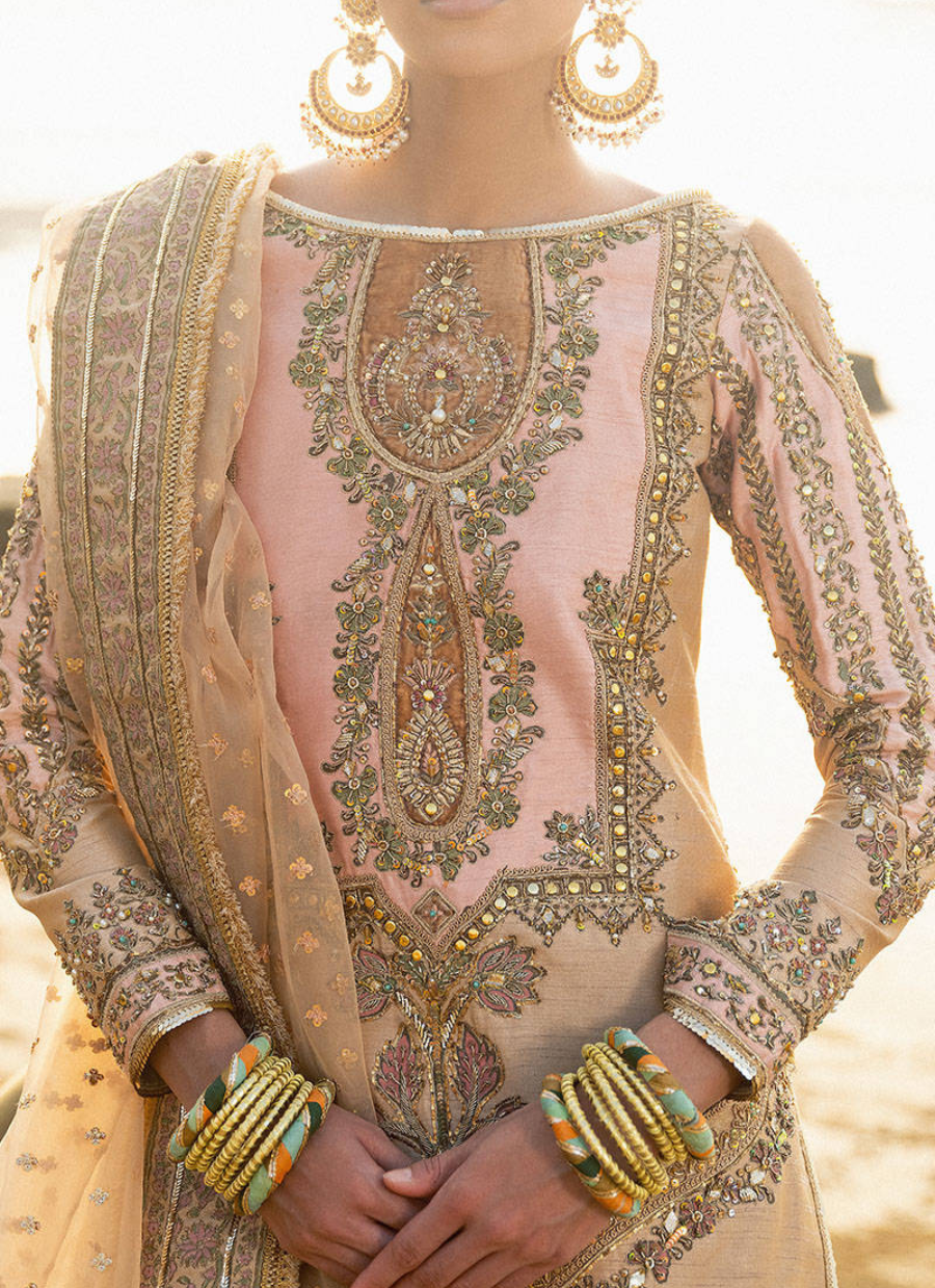 16 Soft Peach and Gold Bridal Lehenga with Pastel Embellishments