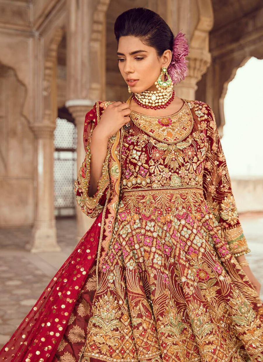 18 Jahanara Maroon & Gold Bridal Ensemble