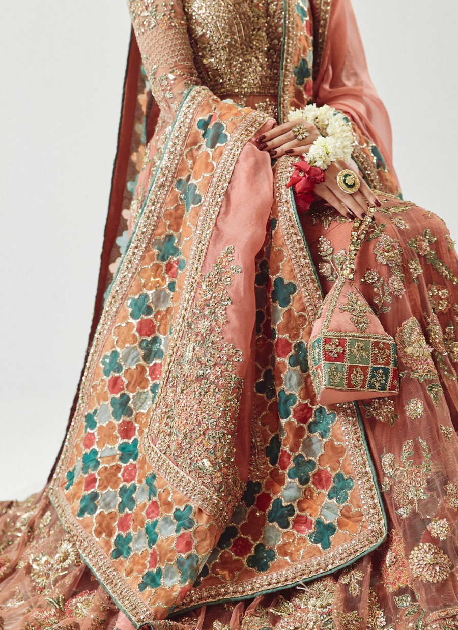 Rose Gold Peshwas Ensemble – Silk Sharara & Embellished Organza Dupatta
