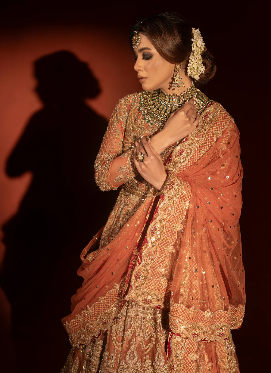 19 Rust Orange Bridal Pishwas with Jamawar Lehenga