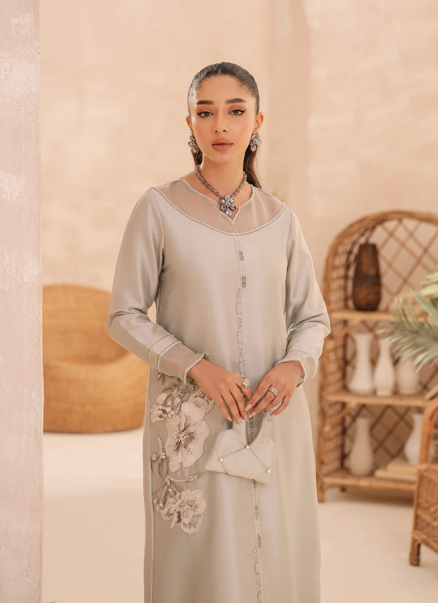 22 Pastel Grey Long Maxi with Subtle Floral Embroidery