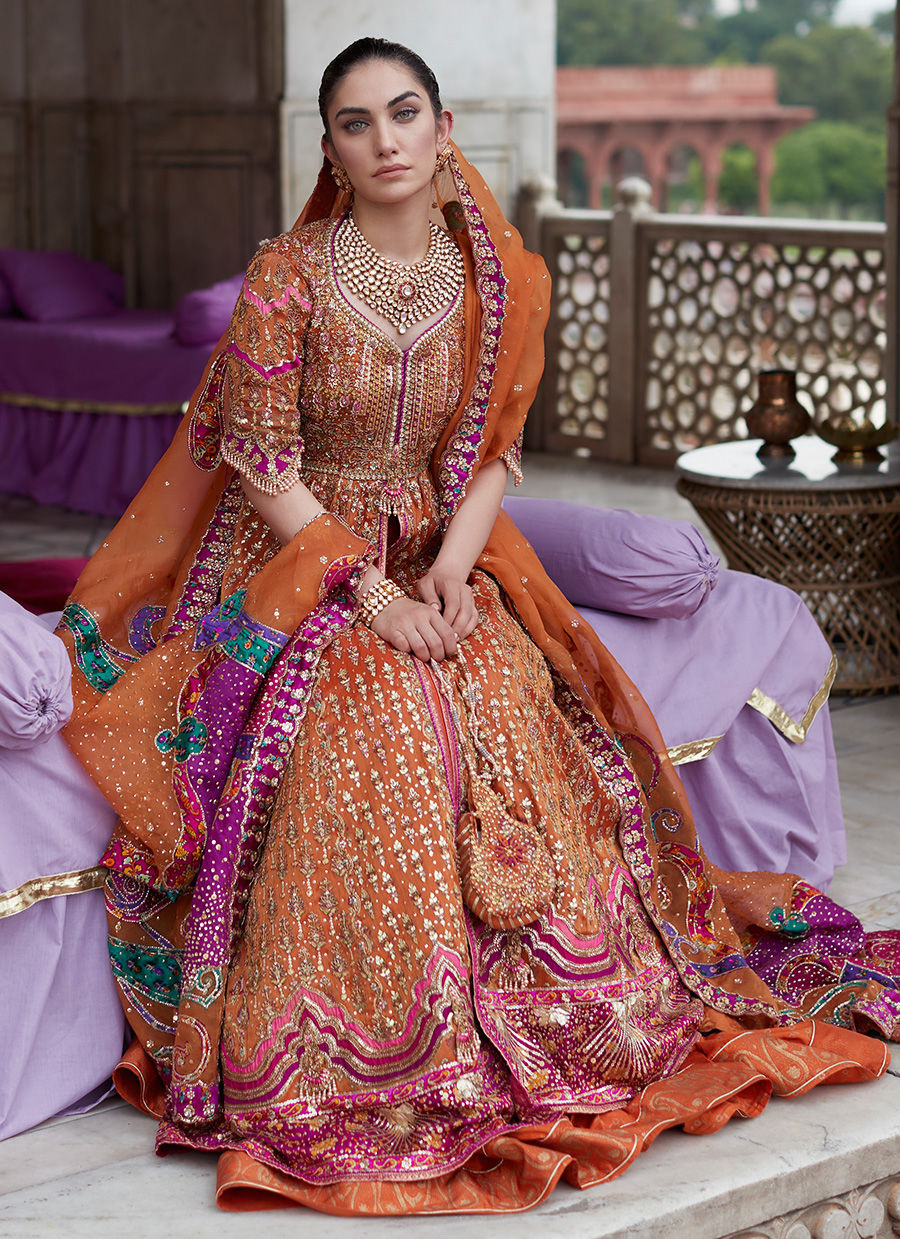 16 Rust Bridal Kalidaar with Orange Dupatta and Multicolor Embellishments