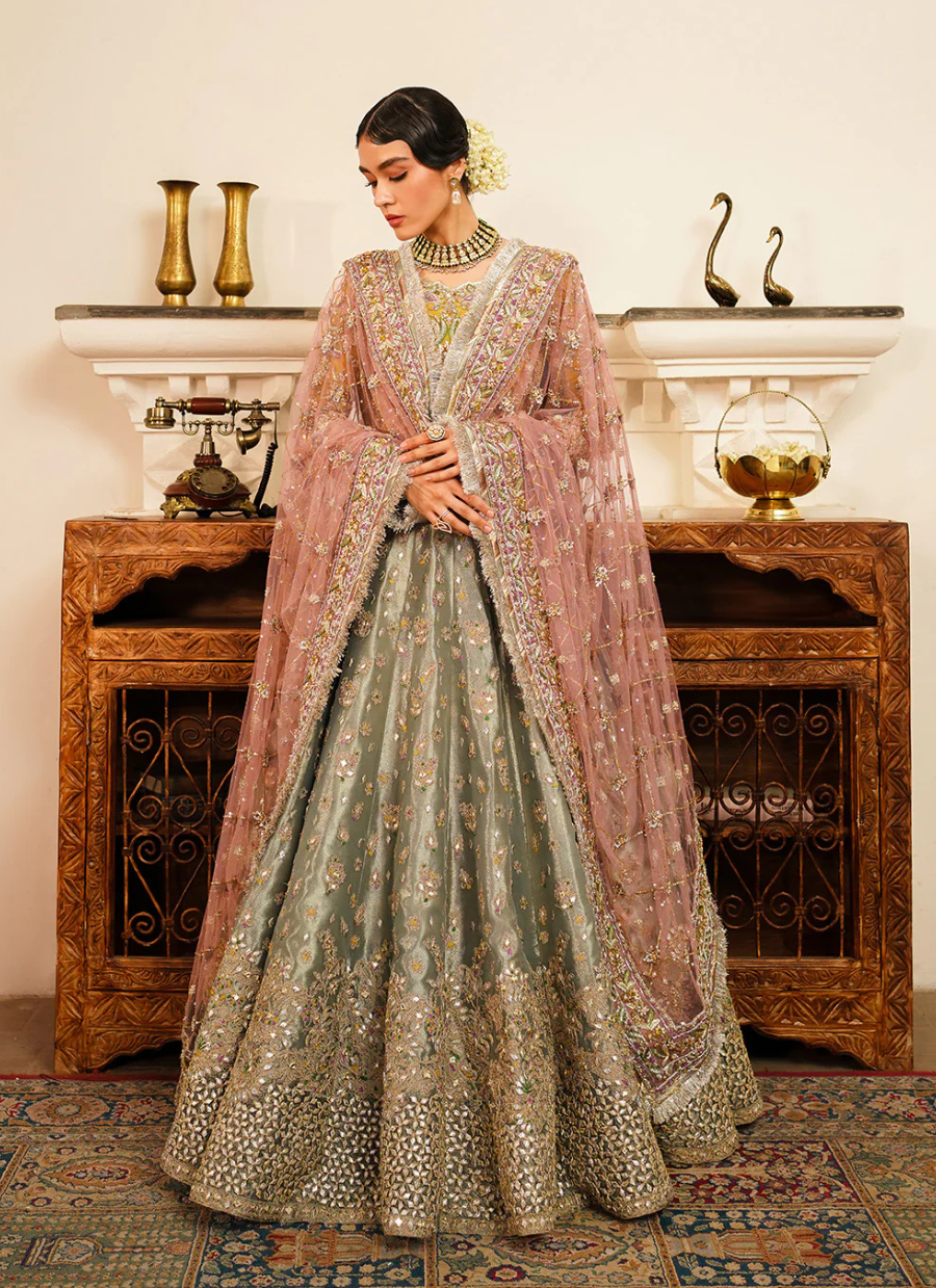 16 Mint Green Bridal Lehenga with Rose Pink Embroidered Dupatta