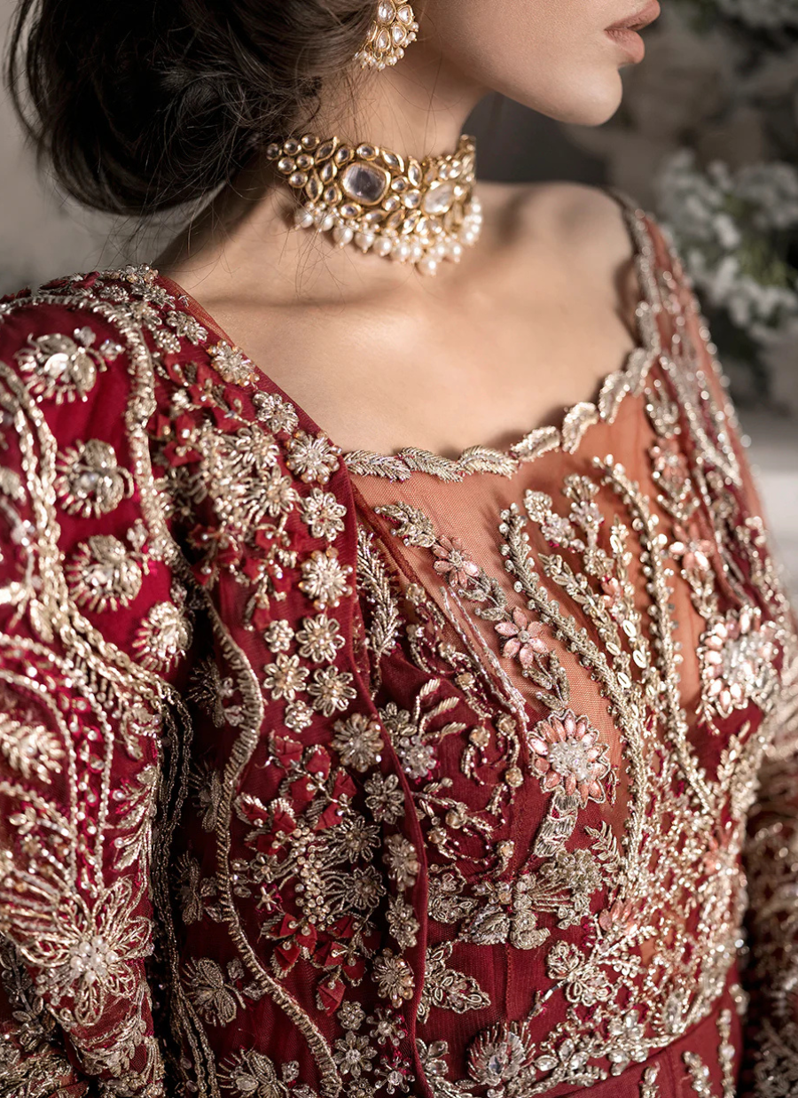 19 Red Bridal Gown with Heavy Golden Embroidery and Sheer Sleeves