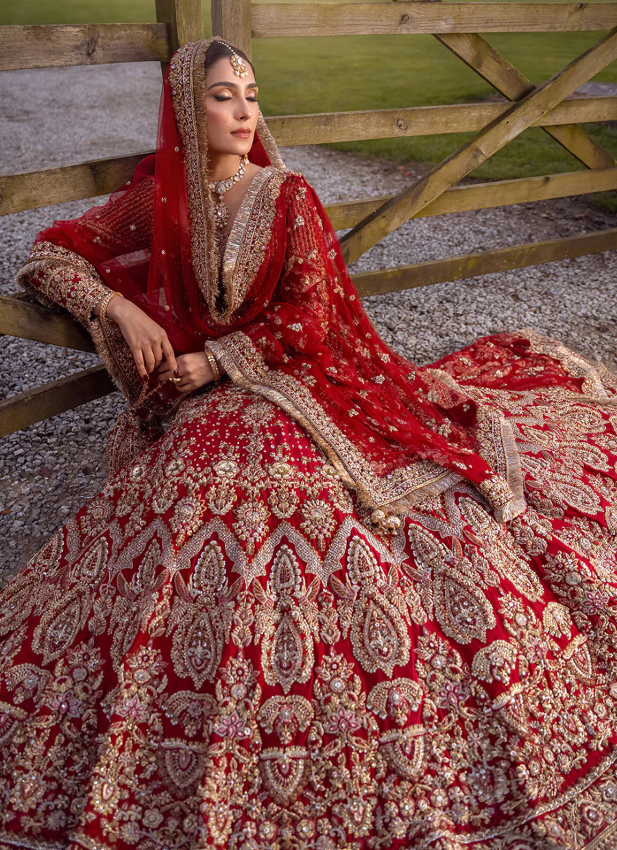 Timeless Red Bridal Attire with Dabka, Naqshi, Crystals & Pearls