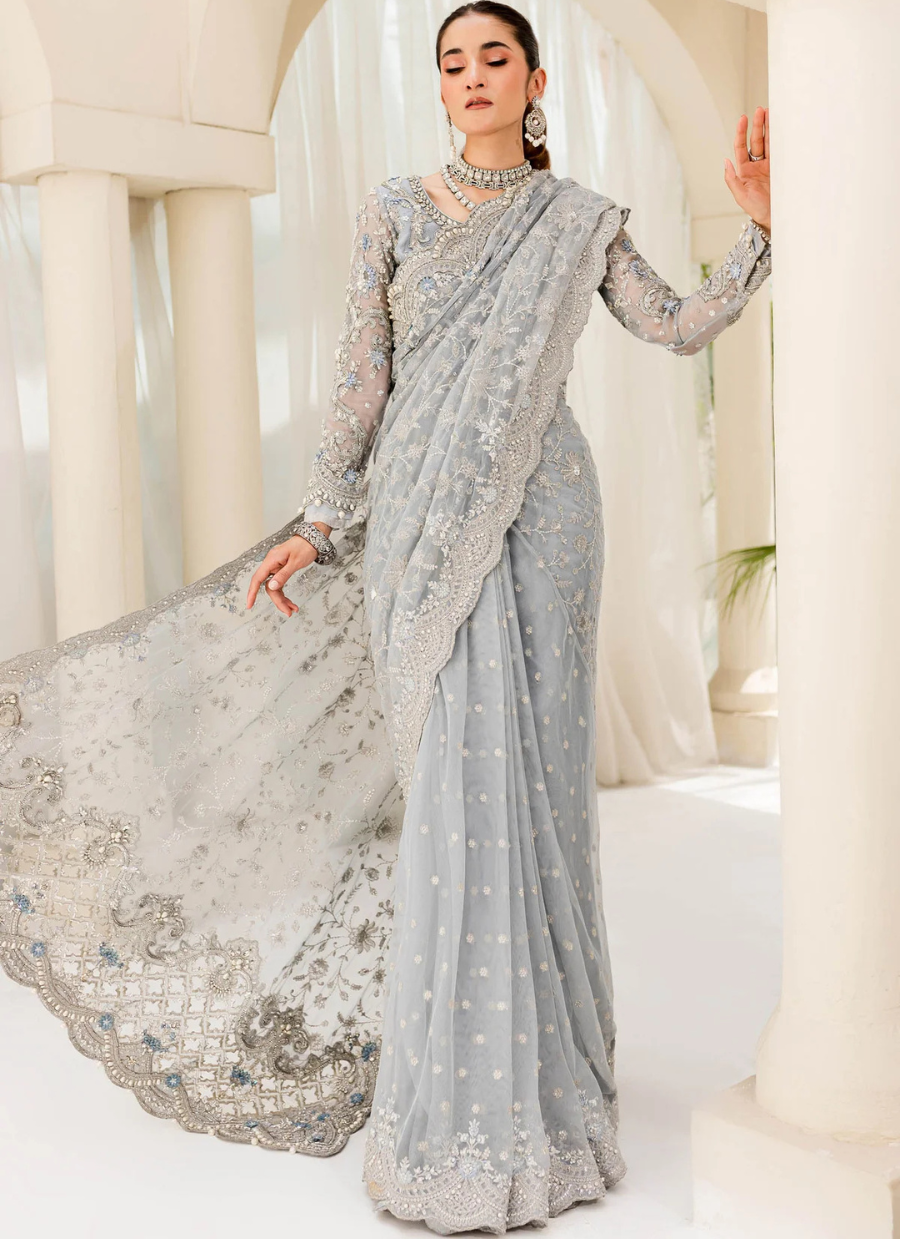 19 Powder Blue Embroidered Bridal Saree