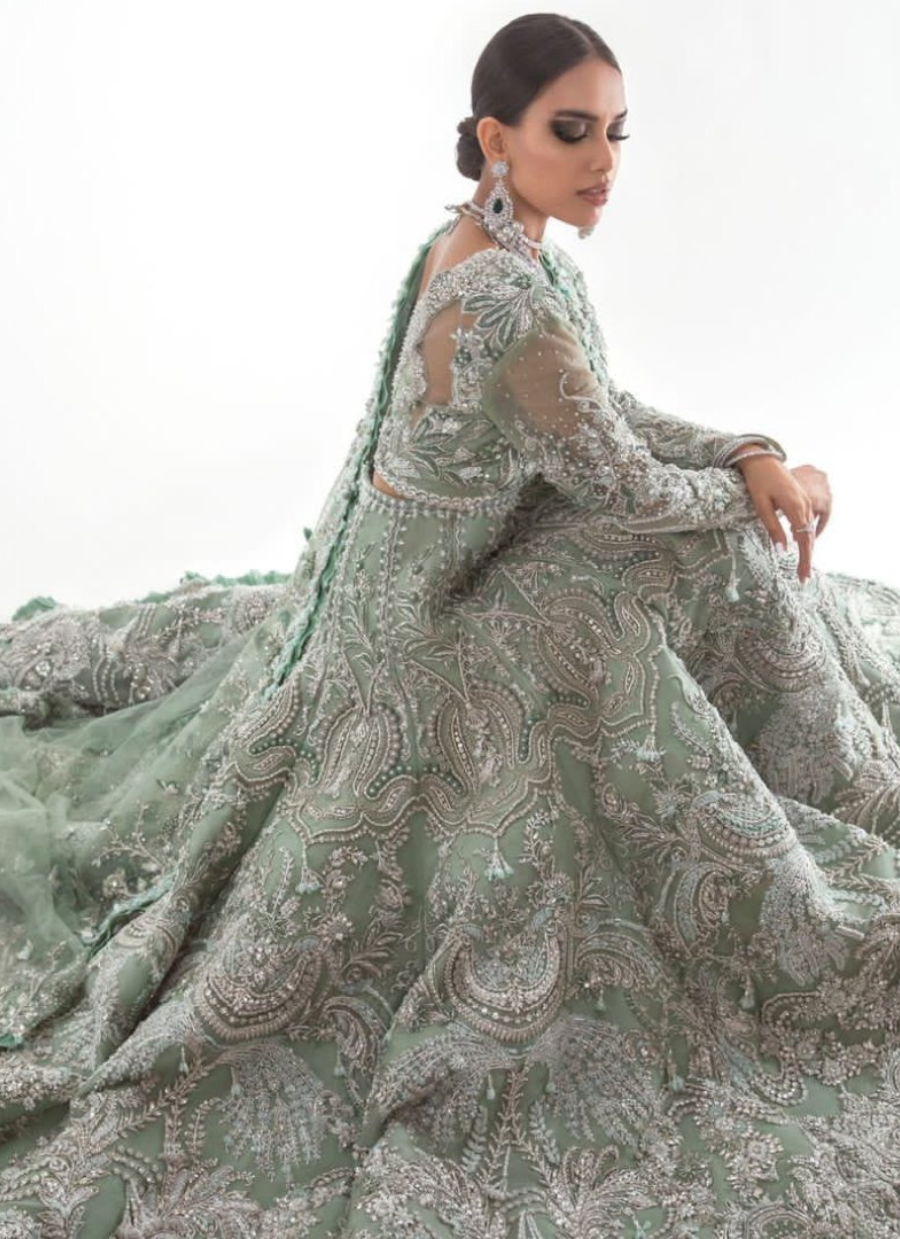 22 Mint Green Bridal Lehenga with Heavy Silver Embroidery