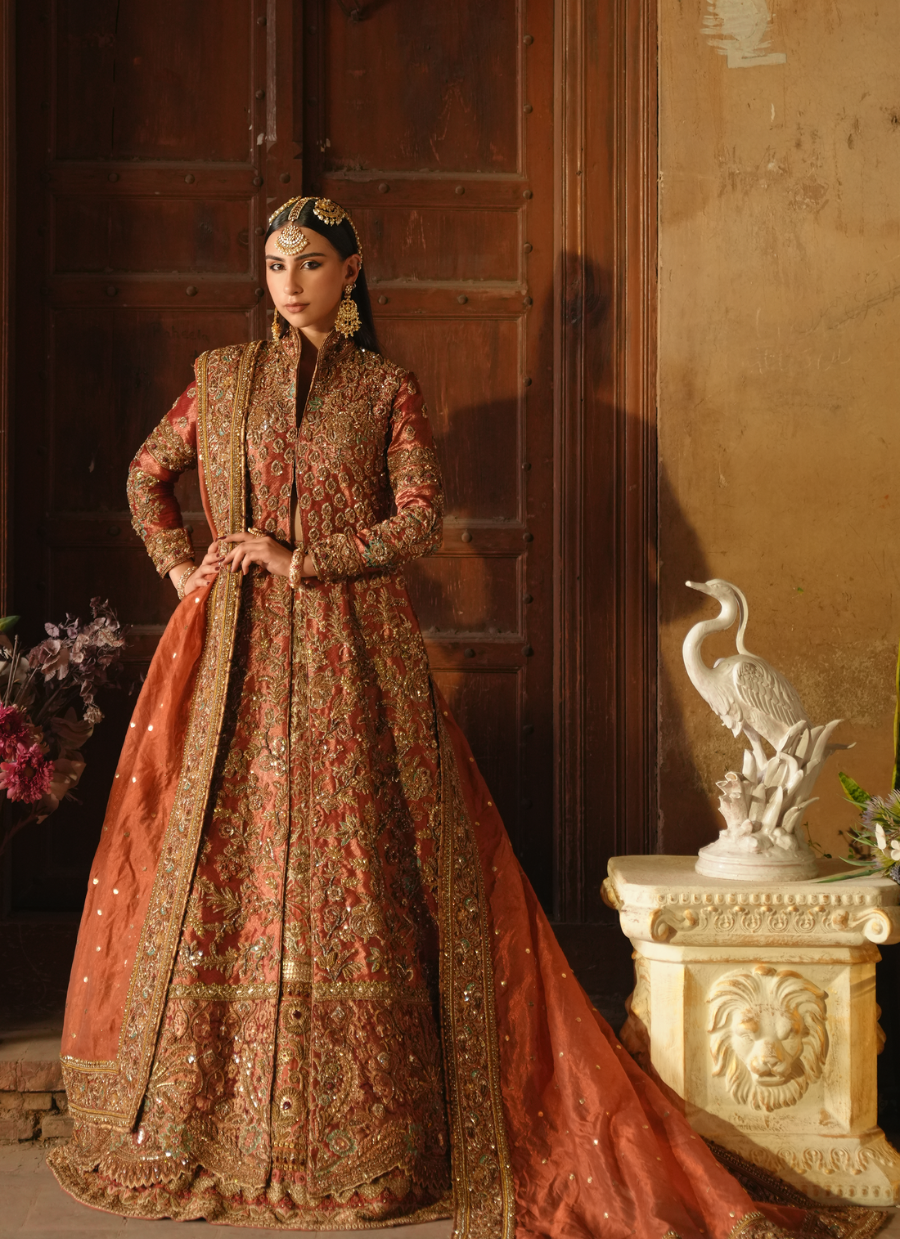 19 Rust Orange Heavily Embellished Bridal Gown with Regal Detailing