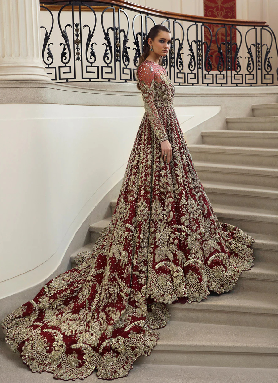 19 Regal Red Bridal Gown with Intricate Golden Embroidery