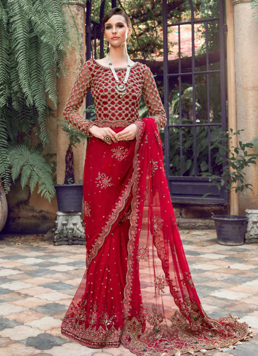 19 Red Net Embroidered Bridal Saree