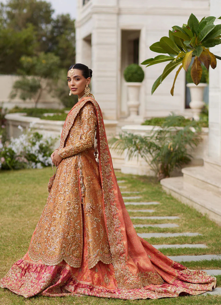 Peachy Gold Bridal Masterpiece – Tissue Shirt, Jamawar Lehnga & Dupatta