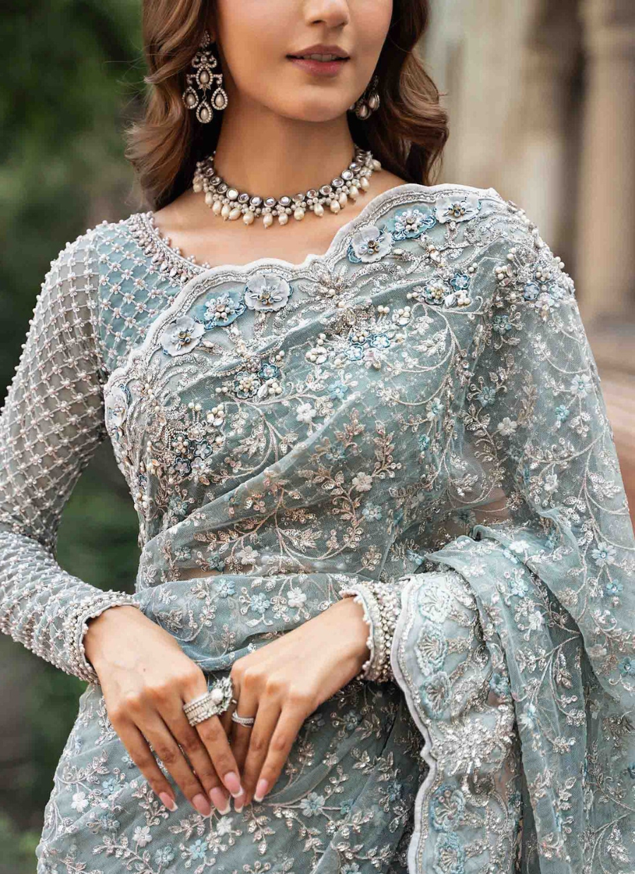 18 Ice Blue Heavily Embroidered Bridal Saree