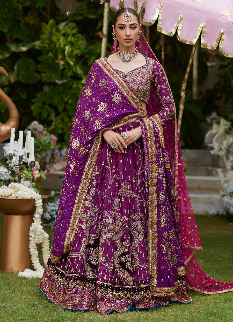 16 Plum Purple Lehenga Choli with Gold Embroidery and Pink Dupatta