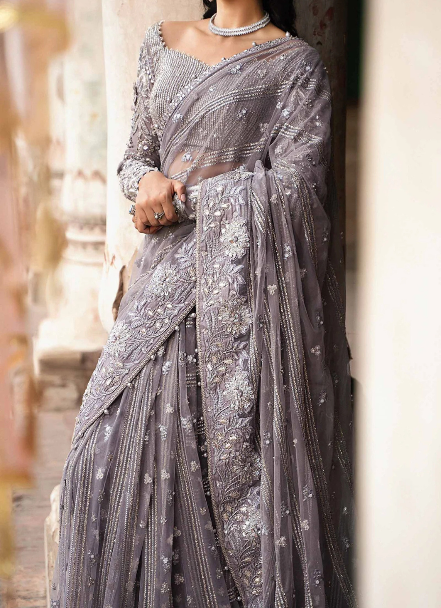 19 Smoky Grey Embroidered Bridal Saree