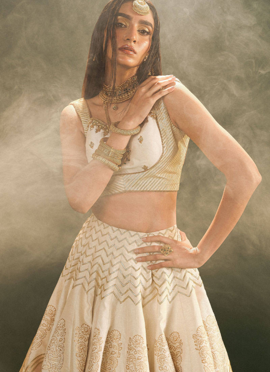 16 Golden Ivory Bridal Lehenga with Mirror Work Dupatta