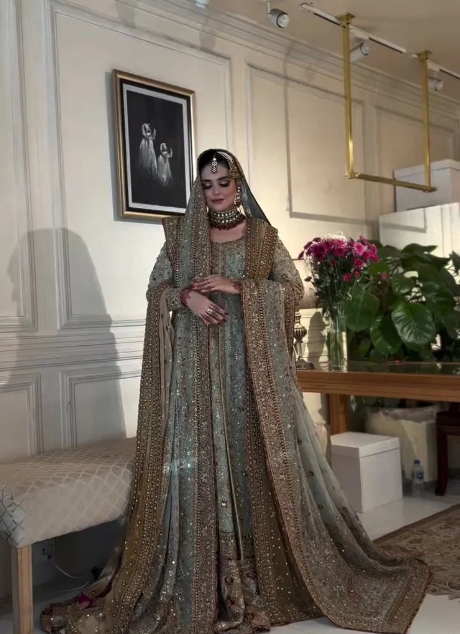 Regal Mint Green Bridal Ensemble with Hand Embellished Dupatta & Intricate Detailing