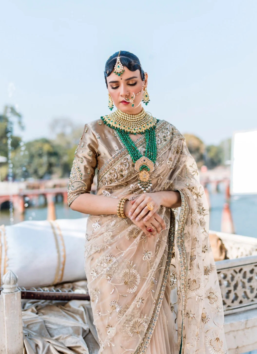 19 Champagne Gold Embellished Bridal Saree