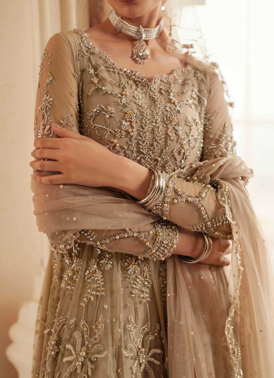 16 Champagne Gold Embroidered Long Kalidaar with Dupatta