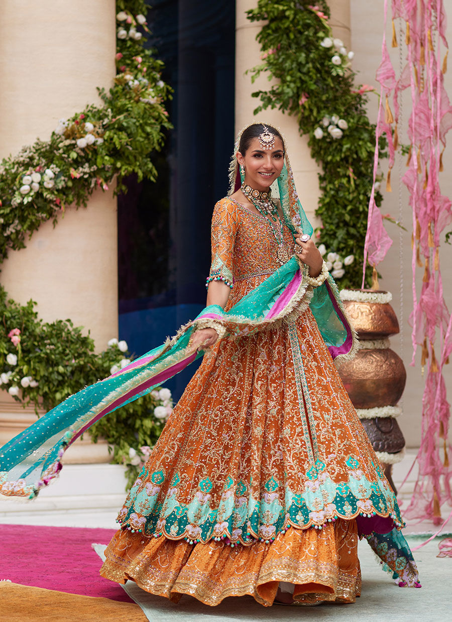 16 Rust Orange Kalidaar Bridal Ensemble with Aqua Blue Dupatta