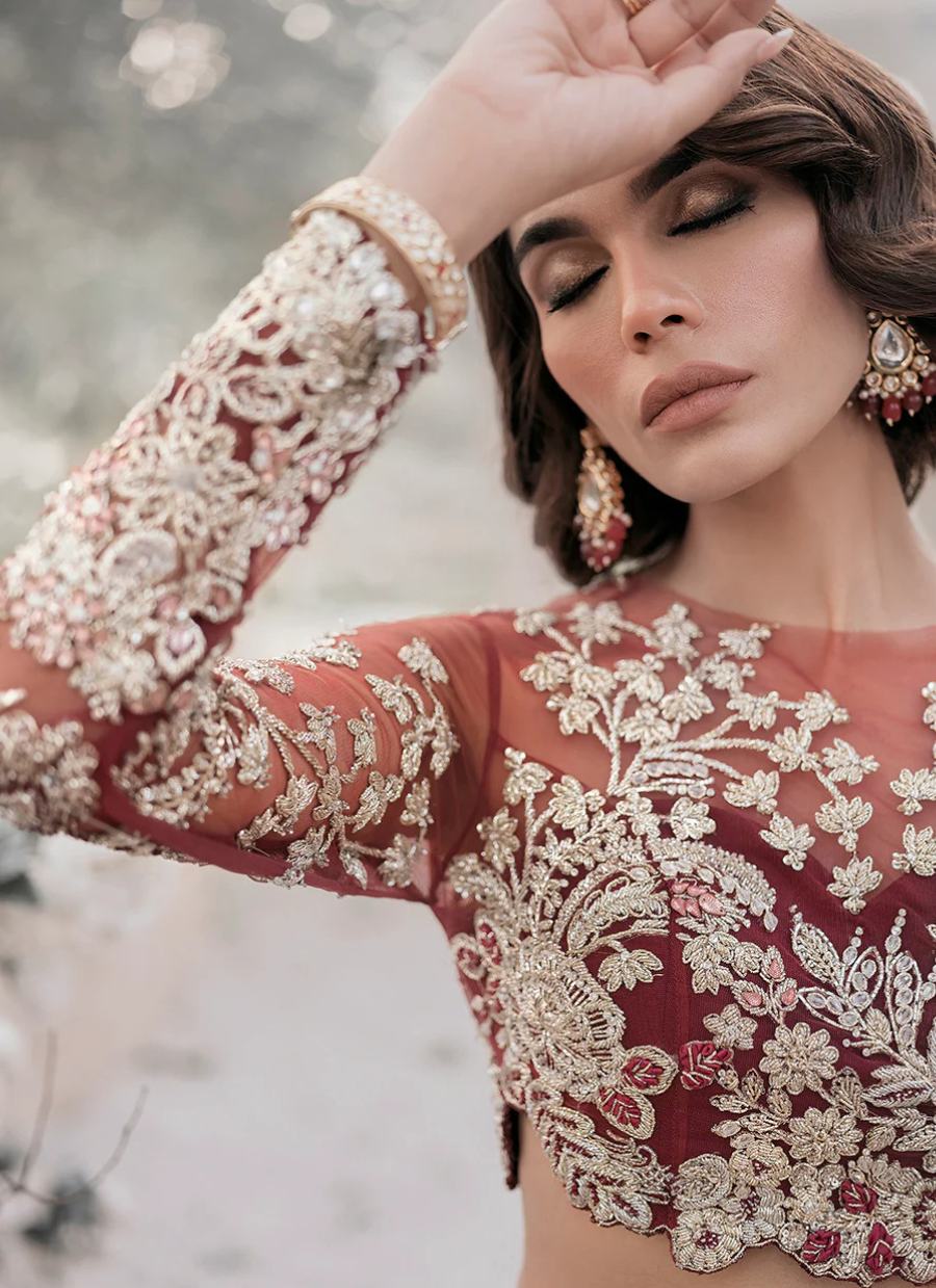 19 Maroon Bridal Lehenga with Golden Embroidered Floral Motifs