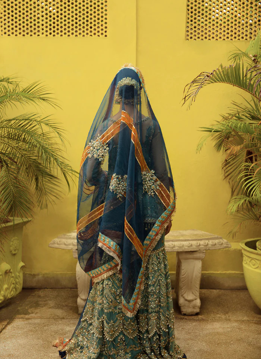 16 Teal Blue Embroidered Gharara Set with Contrasting Navy Dupatta