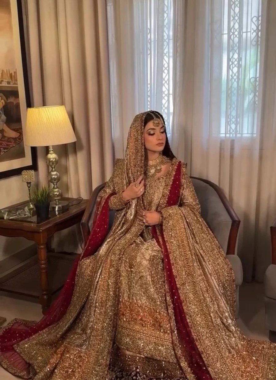 Golden Bridal Lehnga Choli with Maroon Contrast Dupatta & Heavy Embellishments