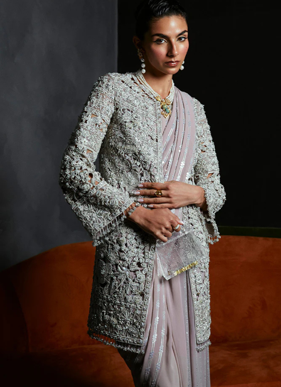 18 Silver Embellished Jacket Saree Ensemble
