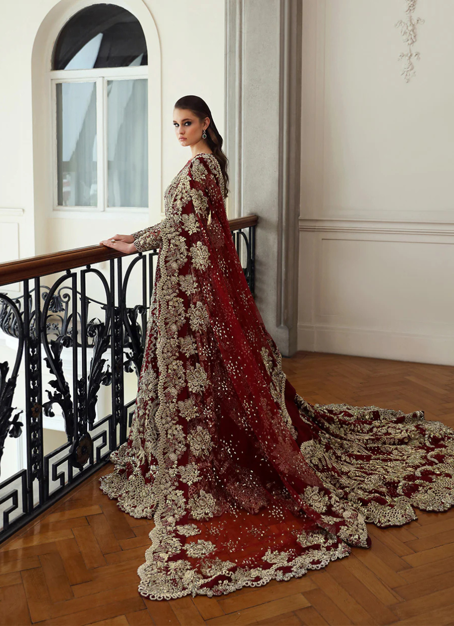 19 Regal Red Bridal Gown with Intricate Golden Embroidery