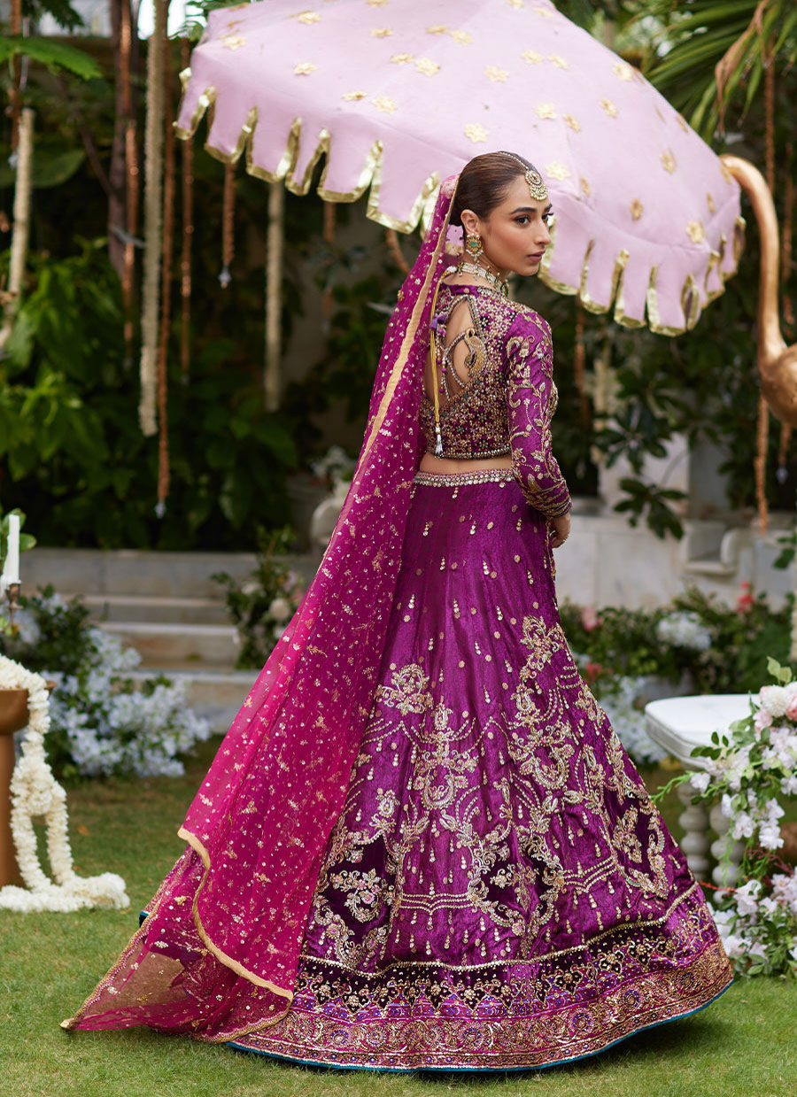 16 Plum Purple Lehenga Choli with Gold Embroidery and Pink Dupatta