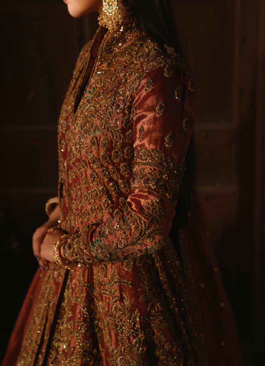 19 Rust Orange Heavily Embellished Bridal Gown with Regal Detailing