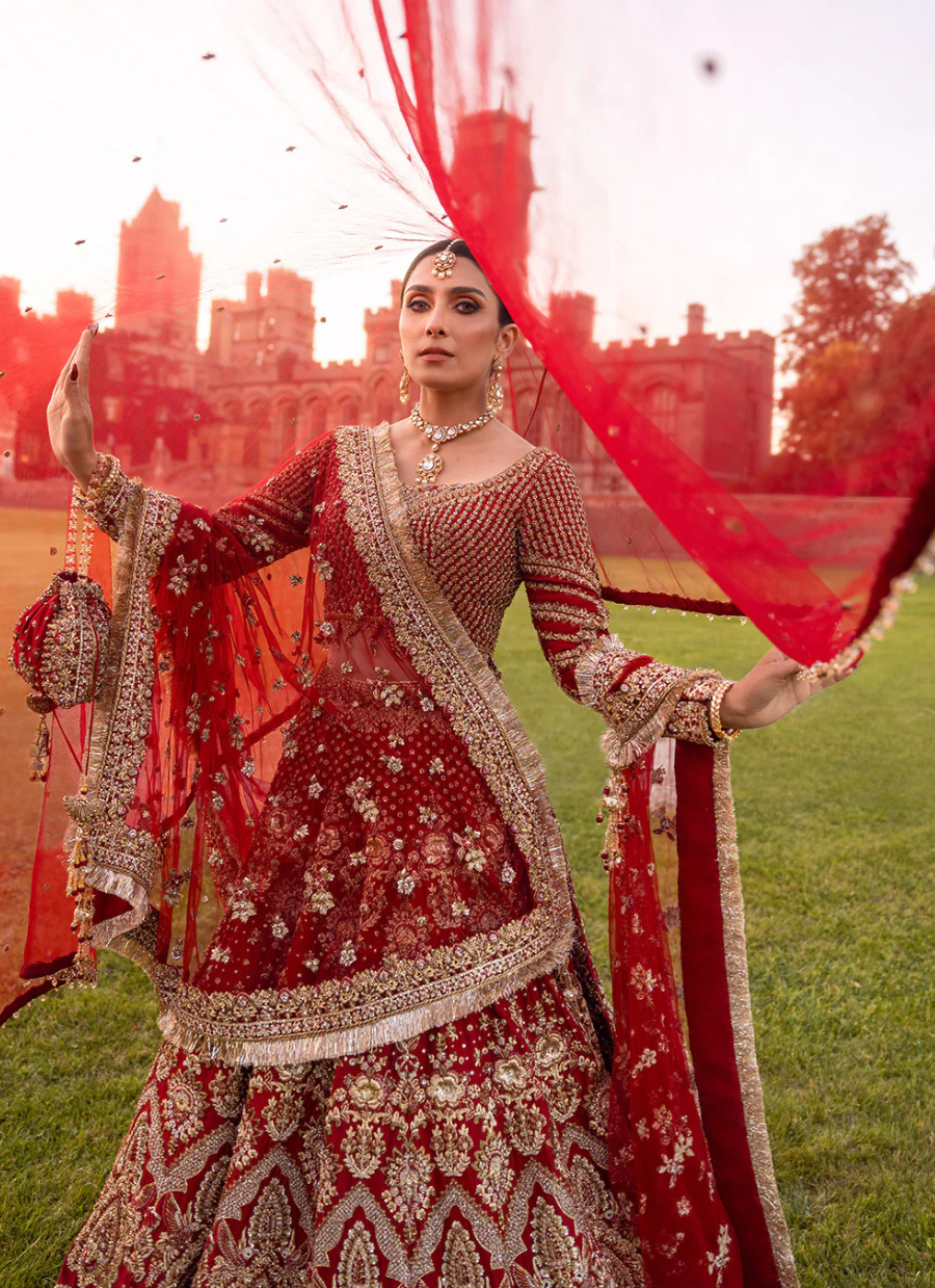 Timeless Red Bridal Attire with Dabka, Naqshi, Crystals & Pearls