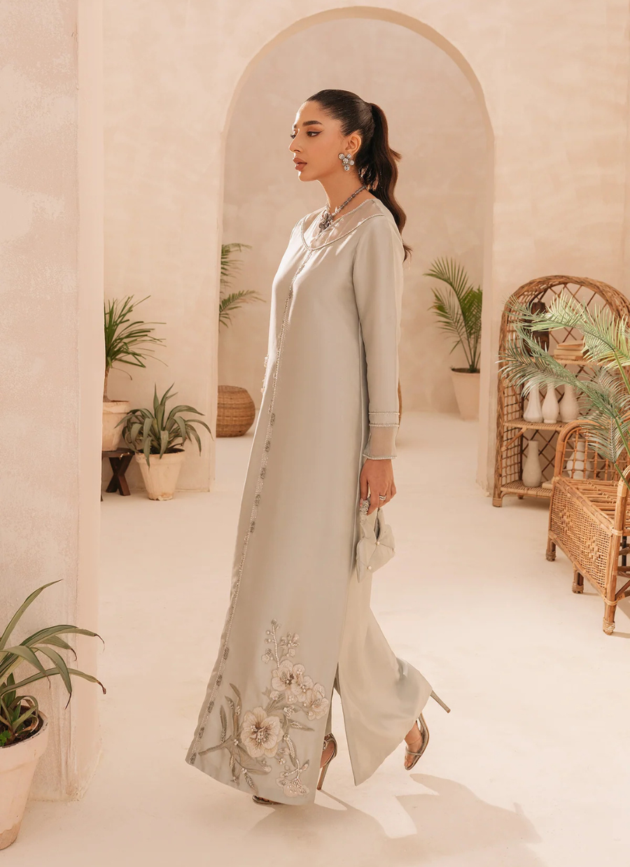 22 Pastel Grey Long Maxi with Subtle Floral Embroidery